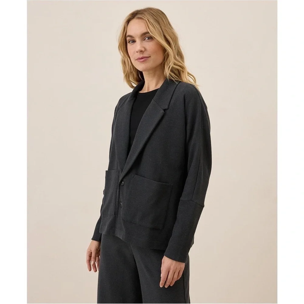 Pact Organic Cotton Airplane Relaxed Blazer Sweater Black Button Front Comfort